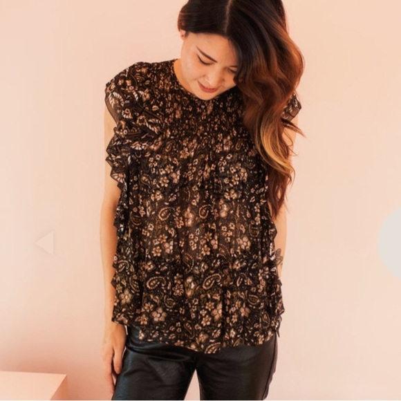 Ulla Johnson Silk Ruffle Blouse | Size 2 | Black Floral Print Top Boho Chic - Picture 1 of 6